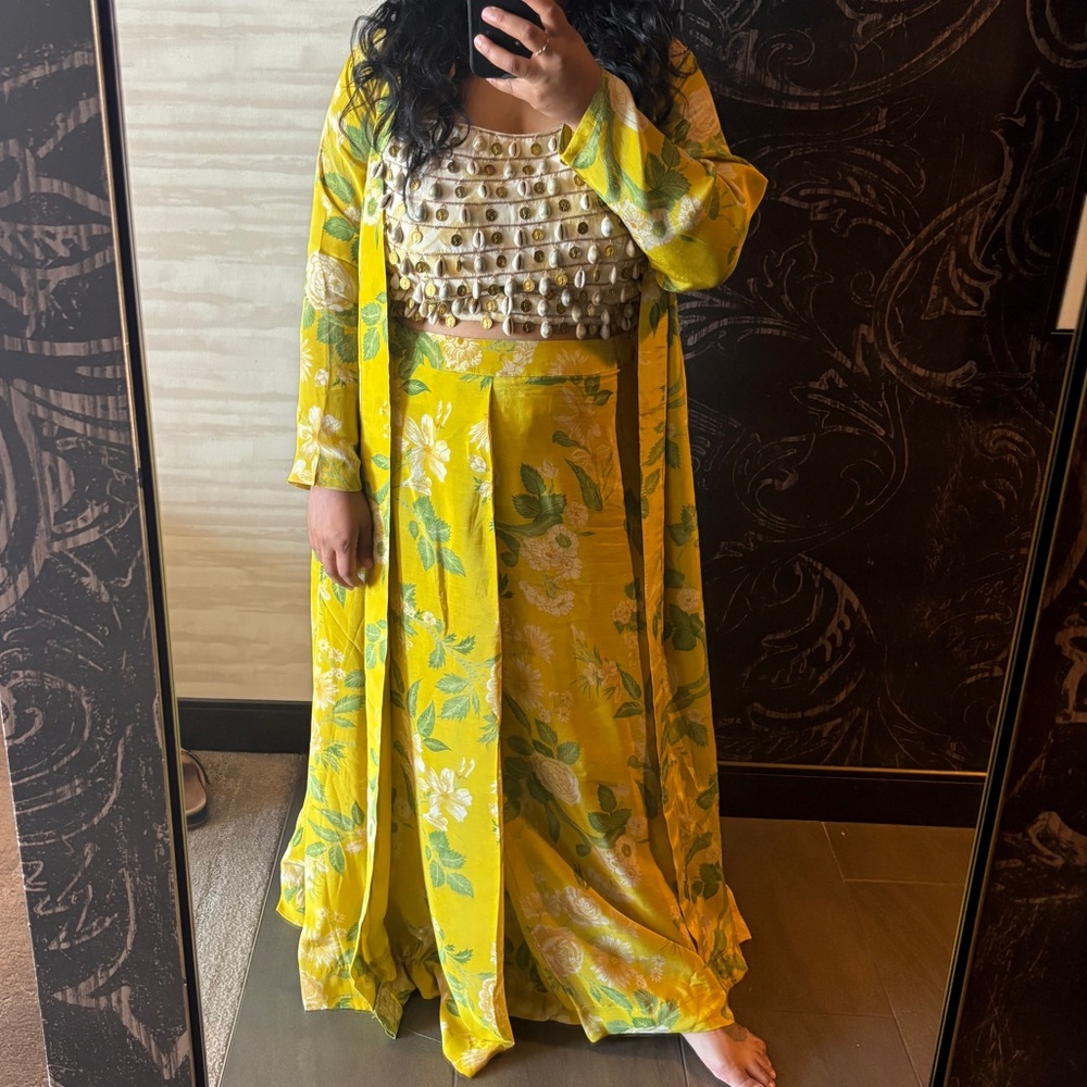 Vibrant Yellow Lehenga with Green Floral Design